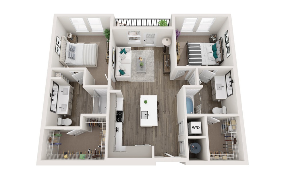 The Ambrose - B2 - 2 bedroom floorplan layout with 2 baths and 1047 square feet. (3D)