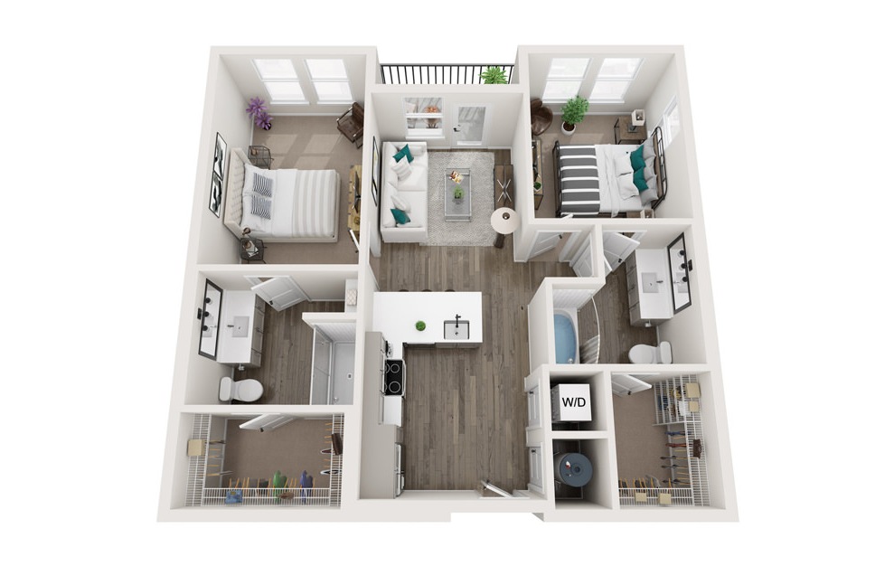 The Clarke - B1 - 2 bedroom floorplan layout with 2 baths and 956 square feet. (3D)