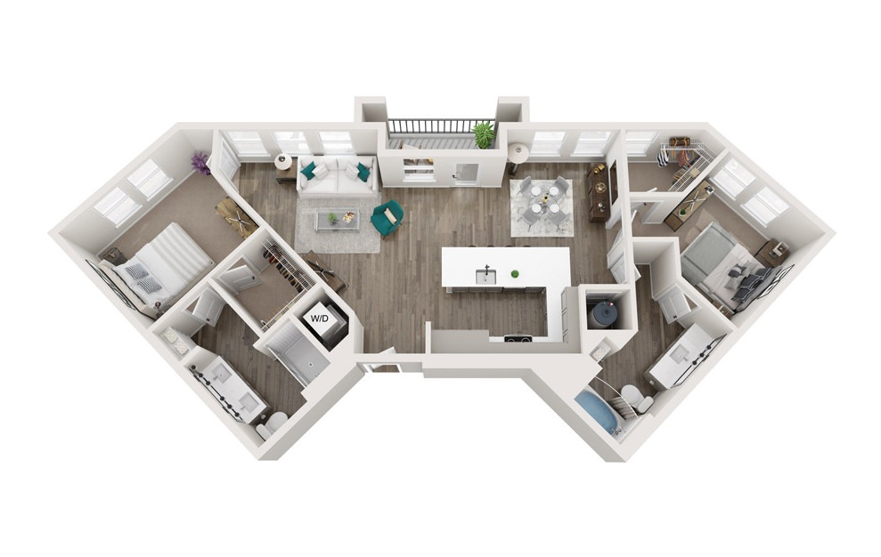 The Dolby - B3 - 2 bedroom floorplan layout with 2 baths and 1204 square feet. (3D)