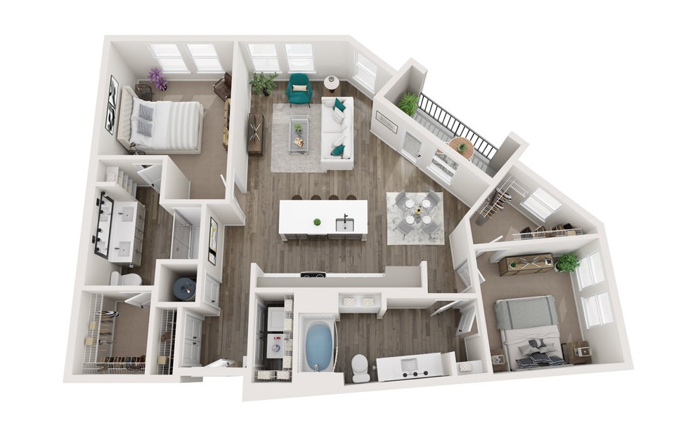 The Galvin - B4 - 2 bedroom floorplan layout with 2 baths and 1263 square feet. (3D)