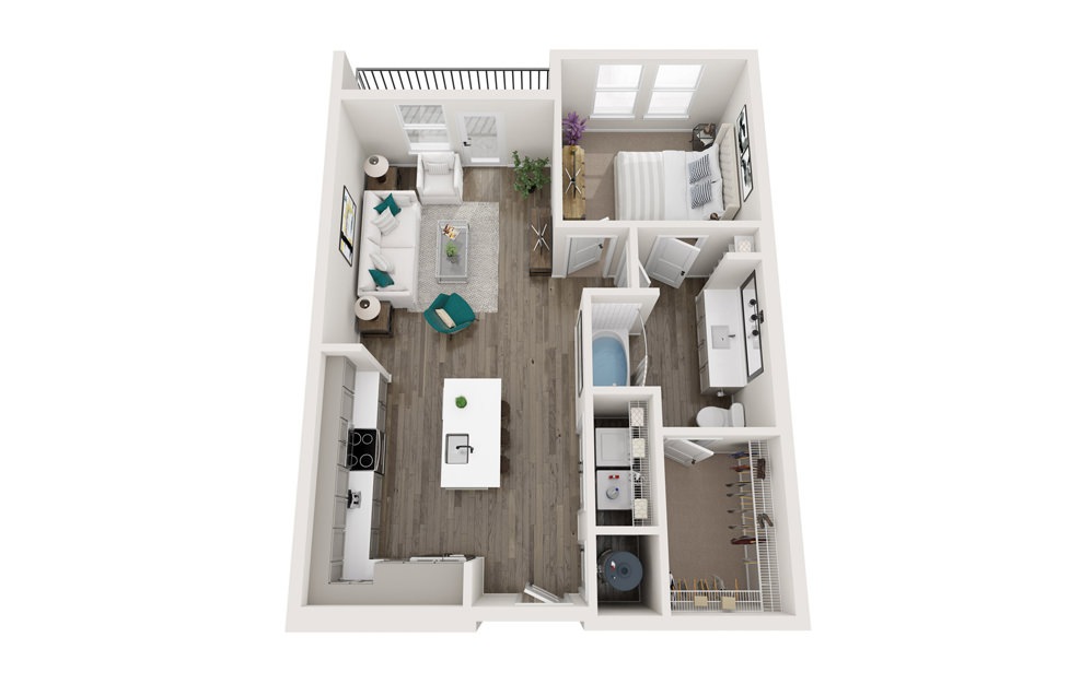 The Parker - A1 - 1 bedroom floorplan layout with 1 bathroom and 771 square feet (3D)