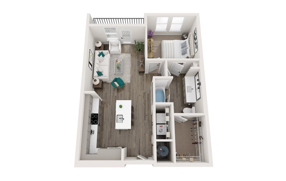 The Parker - A1 - 1 bedroom floorplan layout with 1 bath and 771 square feet. (3D)