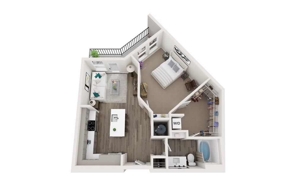 The Reddy - A3 - 1 bedroom floorplan layout with 1 bathroom and 788 square feet (3D)