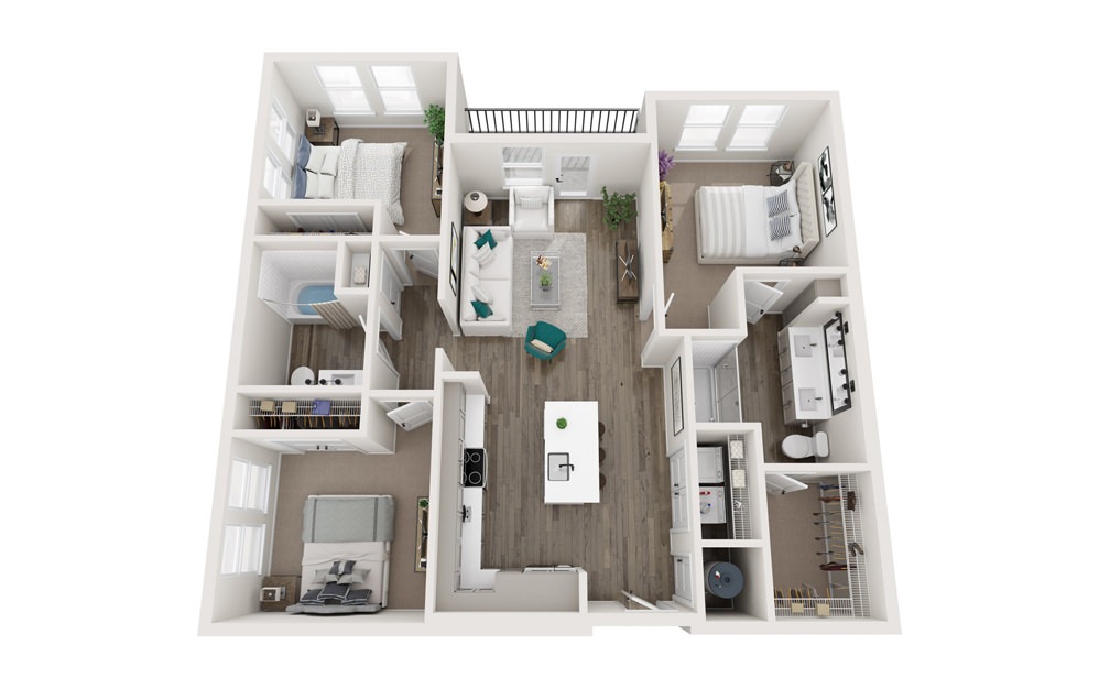 The Shaw - C1 - 3 bedroom floorplan layout with 2 bathrooms and 1189 square feet (3D)