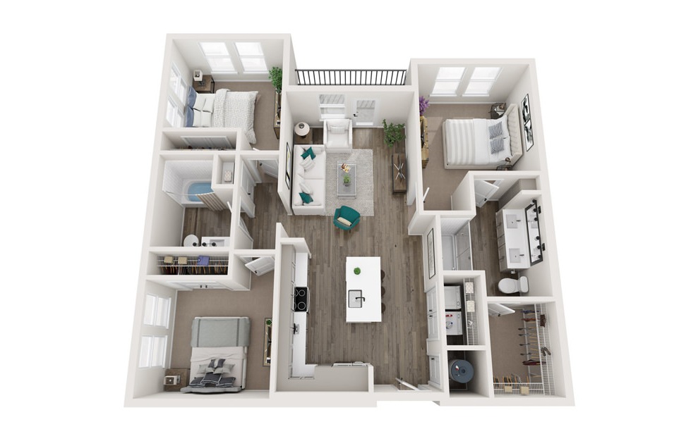 The Shaw - C1 - 3 bedroom floorplan layout with 2 baths and 1189 square feet. (3D)
